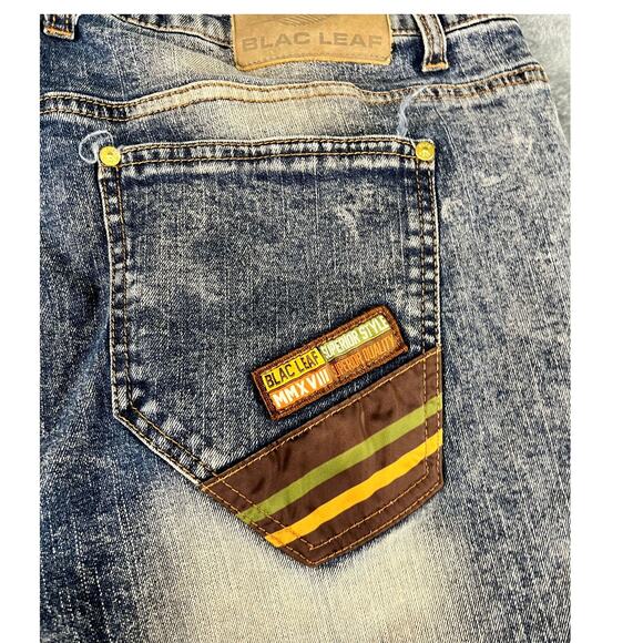Blac Leaf Jeans Men's 38x34 Acid Wash Patches Distressed Streetwear Slim Denim - Picture 12 of 16